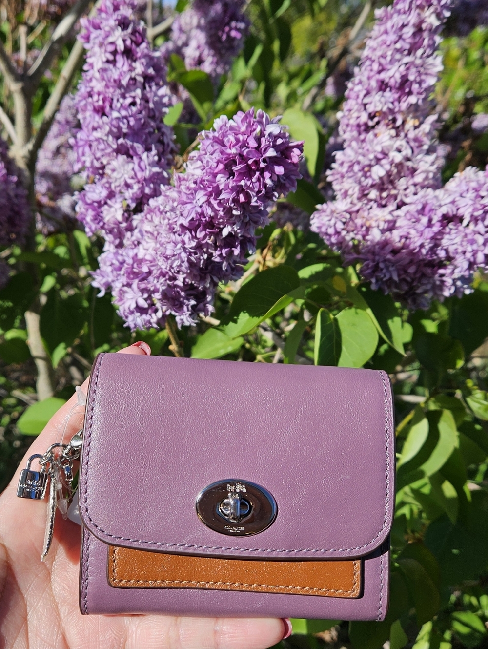 Coach Lavender Leather Turn-Lock Wallet With Carms & Tan Accent